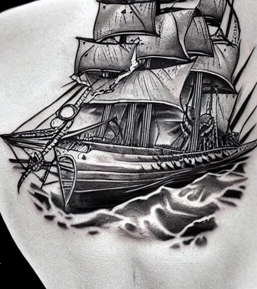 A realism tattoo design of a pirate ship, white background, black and white, highly detailed tattoo, realistic tattoo, realism tattoo, beautiful shades