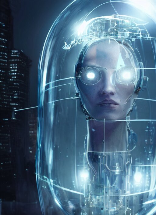 Ultra realistic full shot of a cyborg woman in a glass cylinder with electrical cables cables and mechanical arms that fix it., cyberpunk,sci-fi, fantasy,Kodak , soft light, volumetric lighting, ,night, fog ,smoke, intricate, elegant, highly detailed, digital painting, artstation, concept art, smooth, sharp focus, illustration,art by artgerm and greg rutkowski and alphonse mucha