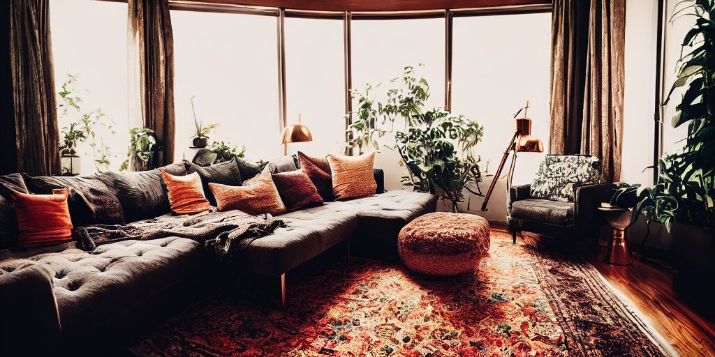 insanely detailed wide angle photograph, atmospheric, award winning interior design living room, cat, dusk, cozy and calm, fabrics and textiles, colorful accents, brass, copper, secluded, many light sources, lamps, hardwood floors, book shelf, couch, desk, balcony door, plants