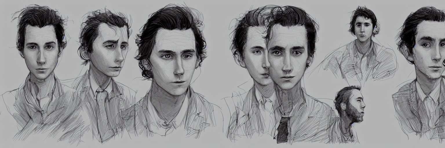 character study of julian lage and paul dano, clear faces, wild, crazy, character sheet, fine details, concept design, contrast, kim jung gi, pixar and da vinci, trending on artstation, 8 k, full body and head, turnaround, front view, back view, ultra wide angle 