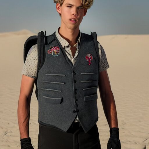 Portrait photo of adult Austin Butler with exposed dark-hair head, dressed in grey-prussian blue Tudoresque-Gigeresque casual garb, and griffin-embroidered nanocarbon-vest, in an arena in Dune 2021, XF IQ4, f/1.4, ISO 200, 1/160s, 8K