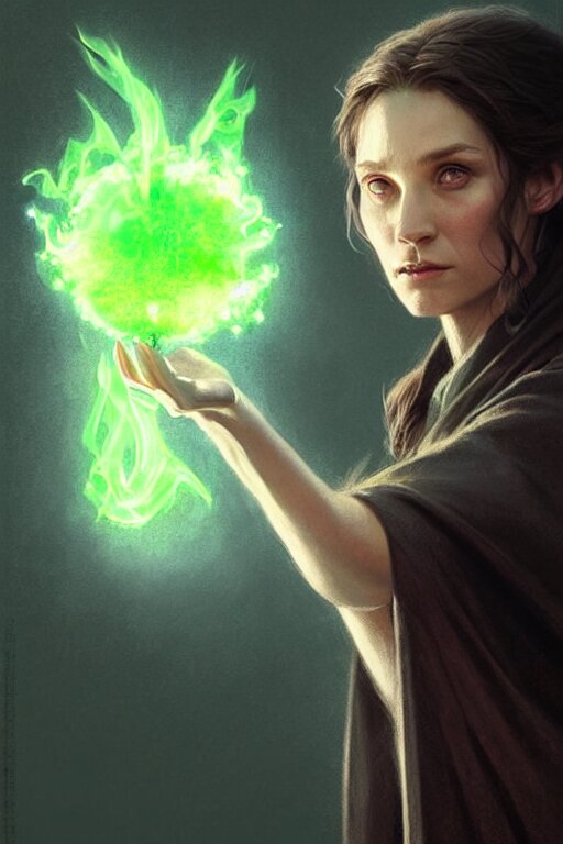 a female wizard casting a green fireball | | pencil sketch, realistic shaded, fine details, realistic shaded lighting poster by greg rutkowski, magali villeneuve, artgerm, jeremy lipkin and michael garmash and rob rey 