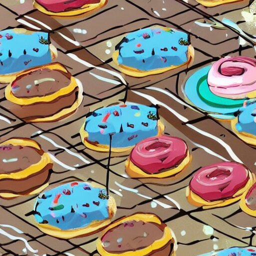 raining donuts on a city in a studio ghibli animation