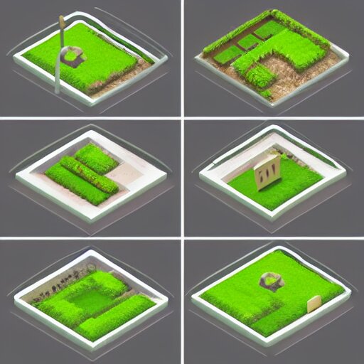 3 d mobile game prop pack is an isometric stairs but with an organic natural design that is based on different grass items - like plants with grass all inspired artstation stylized nature. around the stair, we can see flowers, grass, bushes. all in isometric perspective and semi - realistic style white background 