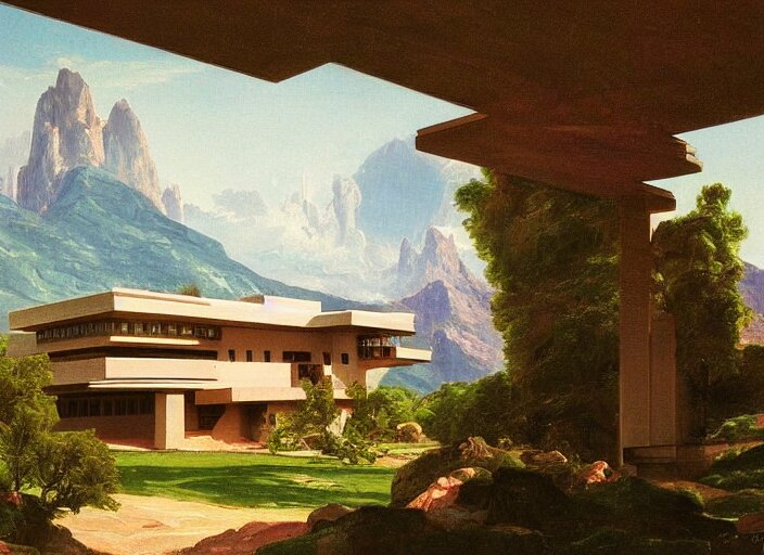 painting of a frank lloyd wright house in front of beautiful mountains by thomas cole 