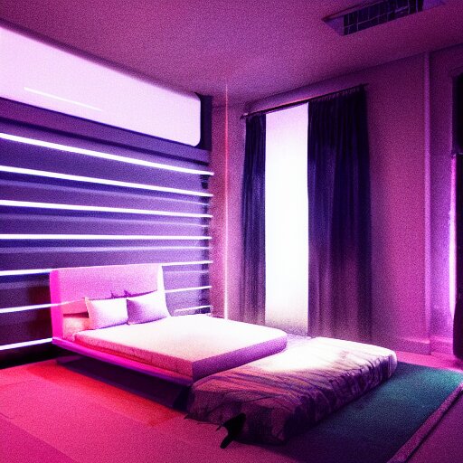 « inside a girl room, cyberpunk vibe, neon glowing lights, sharp focus, photorealistic, unreal engine 5, girl in the bed, window that shows the skyscrapers in the background » 