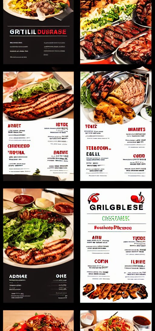 a very high image of a graphic menu for a grill house, graphic, template, design, cool, grill, food photography, no text 