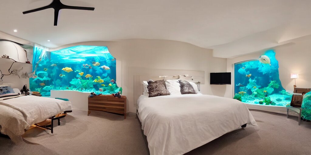 a bedroom with an aquarium behind the headboard, rays of light from the television on at midnight, calm environment, cinematic lighting, glare 