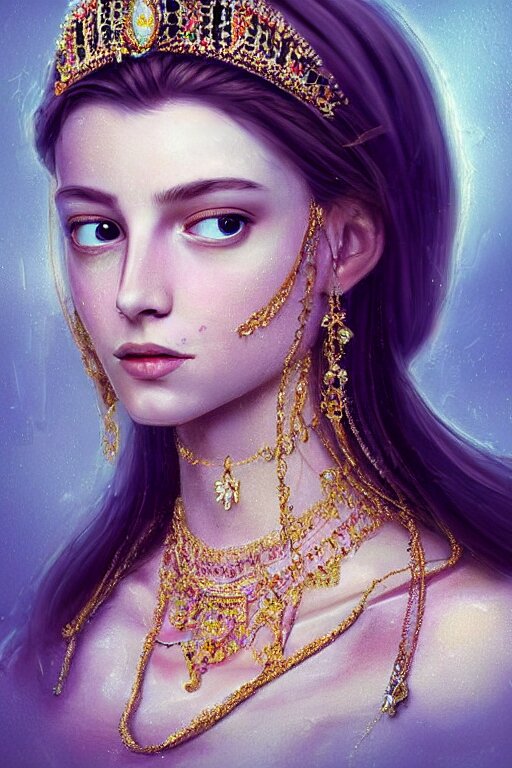 beautiful very detailed portrait of a young princess with lots of jewelry in the face, full body, in the background there is a minimalistic palace, digital art , dramatic cinematic lighting rendered by octane, 8k, detailed, intricate, clean and textures, trending on artstation, treanding on deviantart, trending on cgsociety, pinterest, by Lauren Brevner