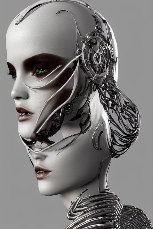 white cyborg fashion shot, copper spiral decorations, white elegant baroque design, smooth heads, headshot half figure, photorealistic, 8k, hyper detailed, unreal engine, trending on artstation,