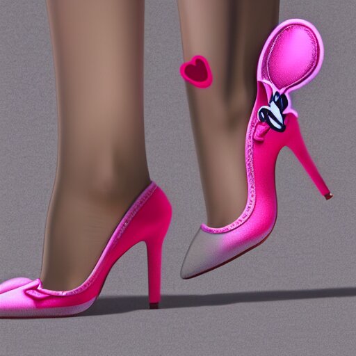 pink suede pumps shoes with slim heels and pointed toes with a happy mickey mouse depicted on it, photorealistic, transluscent, glass, beautiful, architecture, product design, clean, highly detailed, 8 k, ornate detail 