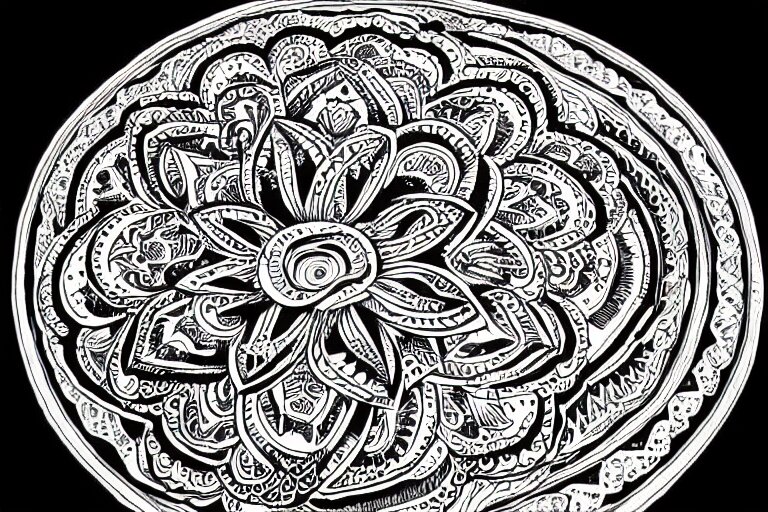 black and white sketch, mandala mandorla detailed design, intricate linework by junji ito