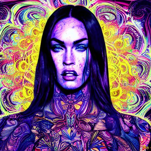 an extremely psychedelic portrait of megan fox as mgk, surreal, lsd, face, detailed, intricate, elegant, lithe, highly detailed, digital oth, sharp focus, illustration, 