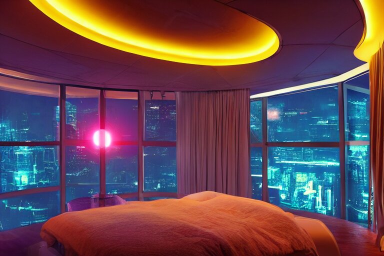a futuristic bedroom with large curved ceiling high windows looking out to a far future cyberpunk cityscape, cyberpunk neon lights, raining, scifi