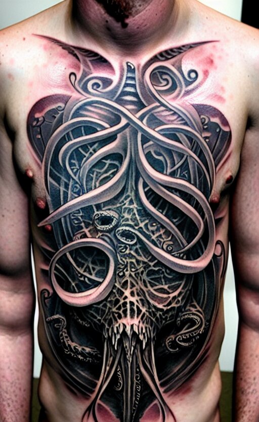 chest tattoo cthulhu by greg rutkowski, by giger, by maxim verehin 