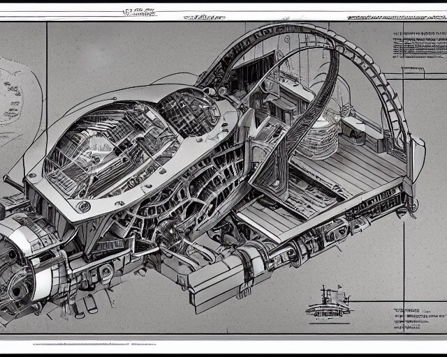 a full page of a mechanical blueprint showing a cutaway design for a mechanized brontosaurus from howl's moving castle ( 2 0 0 4 ), with people inside piloting it, muted colors, post grunge, studio ghibli, hq, 