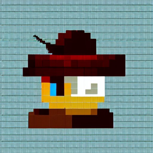 a bird with a hat in pixelart, white background 