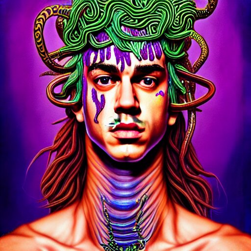 an extremely psychedelic portrait of jusyin bieber as medusa, surreal, lsd, face, detailed, intricate, elegant, lithe, highly detailed, digital painting, artstation, concept art, smooth, sharp focus, illustration 