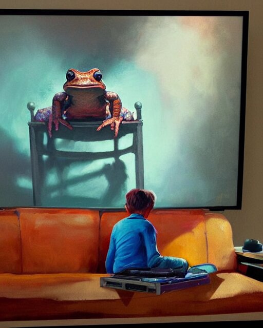 hyper realistic oil painting of toad watching a tv movie on the couch, back camera shot, vibrant colors, high contrast, by greg rutkowski, trending on artstation, caricaturist 