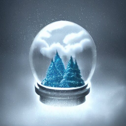 a rainstorm inside a snowglobe. Beautiful colorful clouds in moody greys and blues. High quality digital art, trending on artstation