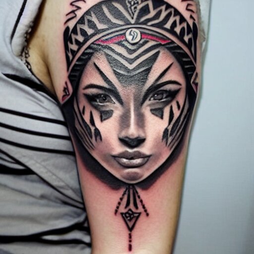 tattoo design of a beautiful girl face, the girl is wearing a tiger head hat, hyper detailed, in the design of eliot kohek 