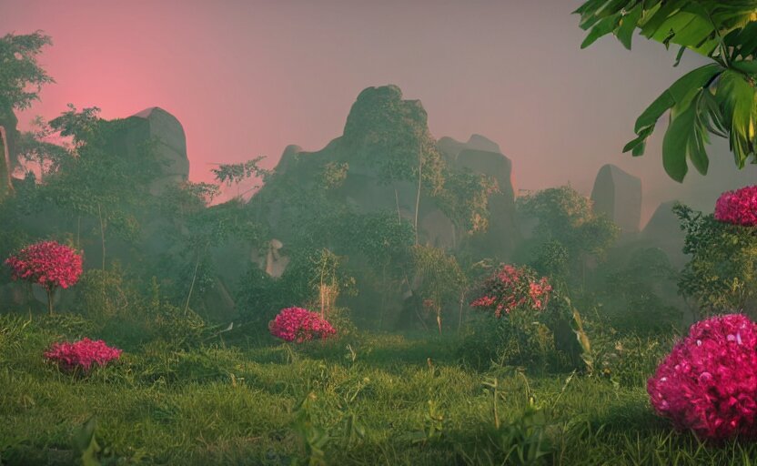 a crystal tetrahedron!!! in the middle of ancient ruins in a lush prehistoric jungle, inside a humongous cave, red and magenta flowers, sunset, godrays, orange and blue sky, haze, volumetric lighting, a high - quality render, photorealistic, unreal engine 5 