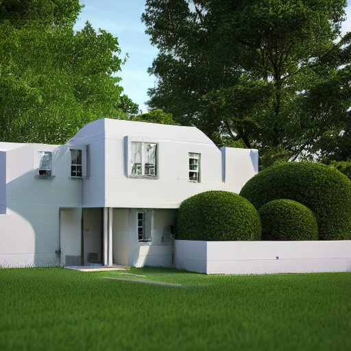 retrofuturist house, lawn, trees, white picket fence, realistc octane render, depth of field, soft lighting, 8k