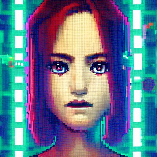 A pixel art, pointillisme potrait of a cyberpunk cyborg girl with big and cute eyes, fine-face, realistic shaded perfect face, fine details. Very anime style. Realistic shaded lighting poster by Ilya Kuvshinov katsuhiro, magali villeneuve, artgerm, Jeremy Lipkin and Michael Garmash, Rob Rey and Kentarõ Miura style, trending on art station