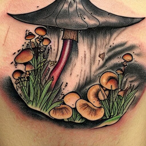 mushroom in decay, tattoo art, japanese, color restoration, vortex, highly detailed, 