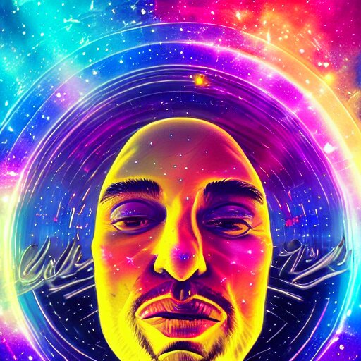 A man's soul becoming one with the galaxy by lisa frank, space, vibrant, colorful, digital art, peaceful, dmt, psychedelic,