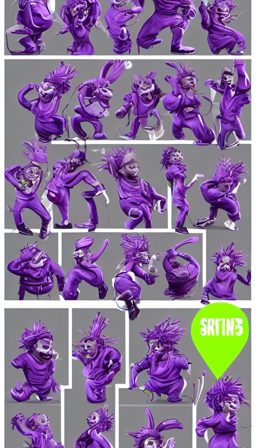 a sprite sheet of a graffiti wirter holding a spray can and purple hair, 3D character, sweat drops, insane, intricate, highly detailed, oil painting, smooth, sharp focus, Unreal Engine 5, 8K