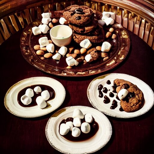 opulent banquet of plates of freshly baked chocolate chip cookies and jelly beans, chocolate sauce, marshmallows, delicious, glistening, highly detailed, food photography, art by rembrandt 