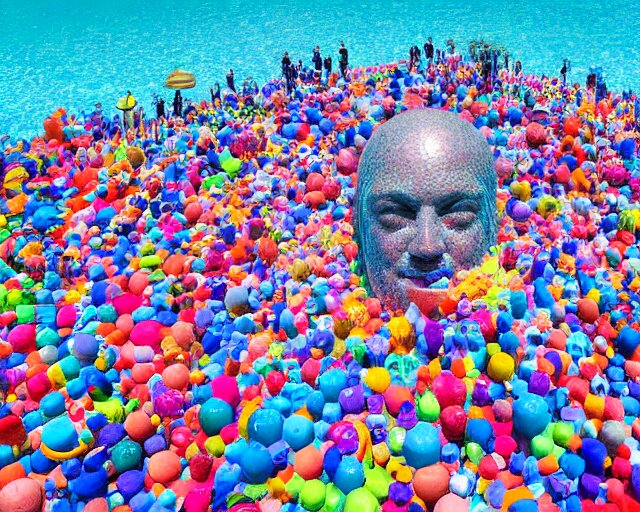 a long shot of a giant award winning sculpture made out of tons of hundreds of pool toys in the shape of a human head, on the surface of the ocean, in the style of chad knight, hyper detailed, hyper realistic, ray tracing, 8 k resolution, sharp focus, realistic water 