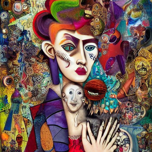 beautiful, insane, bizarre, wacky, mixed media collage, dadaist, picasso, giraud, kinkade, artstation, vivid, hyper detailed, digital art, deep and dense coloration, 