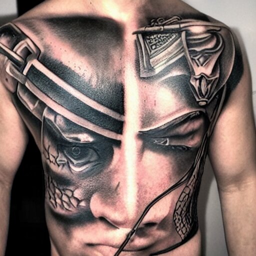 medium shot of a gladiator wearing a galea, tattoo, tattoo art, Black and grey tattoo style