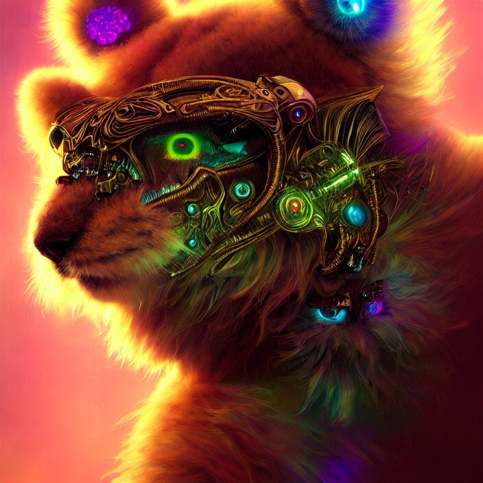 psychedelic fluffy furry animal cyborg, diffuse lighting, fantasy, intricate, elegant, highly detailed, lifelike, photorealistic, digital painting, artstation, illustration, concept art, smooth, sharp focus, art by John Collier and Albert Aublet and Krenz Cushart and Artem Demura and Alphonse Mucha