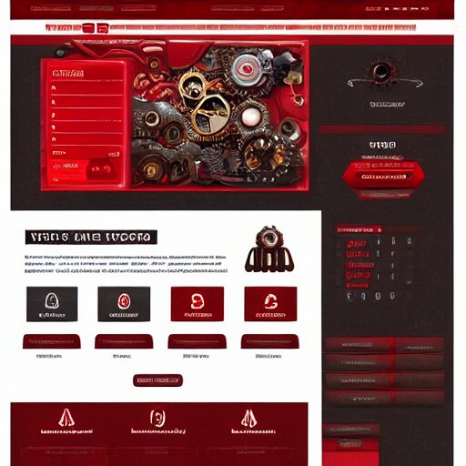 a full ux layout of a steampunk mechanical dog dashboard and marketplace site design, red theme. 
