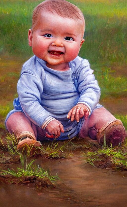 beautiful detailed painting of a baby crawling in the mud. the baby is smiling and happy, and wearing small wellies. vibrant, high quality, very funny, beautiful, hq. hd. 4 k. award winning. trending on artstation 