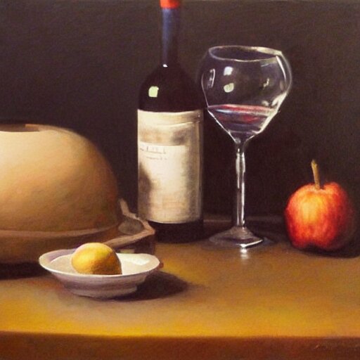 classic still life painting of a wine glass and pot