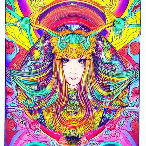 hatsune miki, intricate, amazing line work, cosmic, psychedelic, cheerful, colorful, tarot cards, the devil tarot card