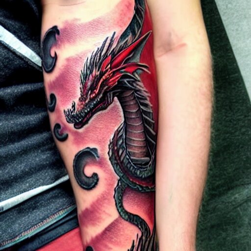 dark and vibrant spiraling fantasy dragon drake wyvern, forearm tattoo