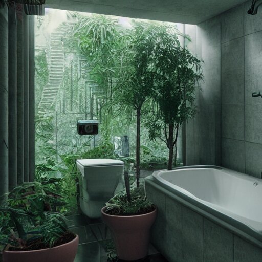 a bathroom with a lot of plants inside of it, cyberpunk art by Gregory Crewdson, unsplash, ecological art, reimagined by industrial light and magic, rendered in unreal engine, diorama