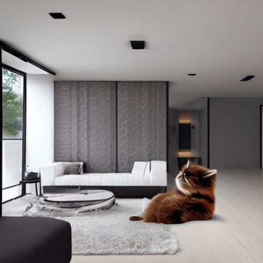 modern minimalist interior design with a fluffy kitten 