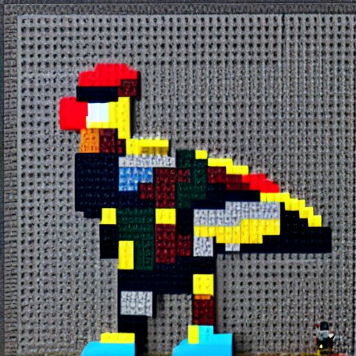 squared head rooster building a man made of legos on the moon 