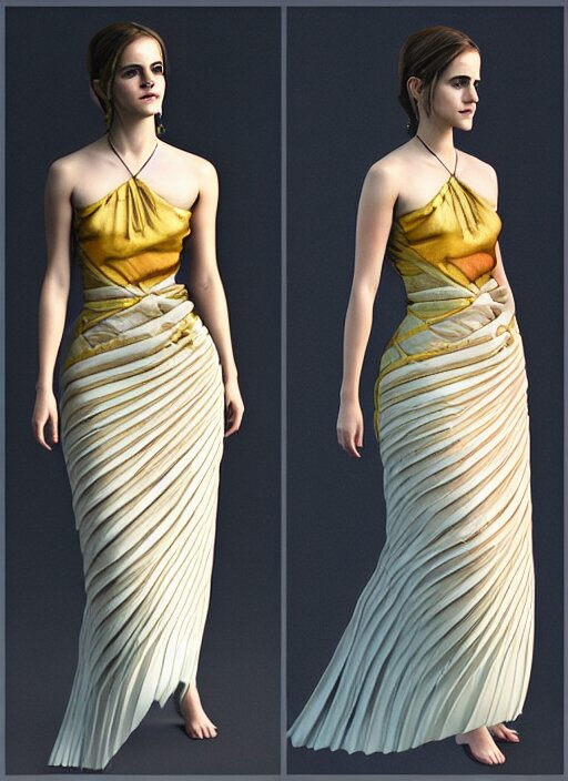 emma watson wearing finely pleated silk bihu mekhela strapless costume expertly draped goddess style dress by wlop, assamese gamosa pattern, face by daz 3 d genesis and artgerm concept art 3 d octane render cinema 4 d v ray, unreal engine, hyper realistic hdr fabric textures, ray traced, bright lit cinematic studio fashion photography, real life like, daz iray shaders 