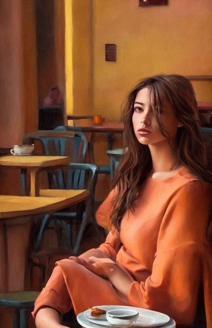 a portrait of a beautiful girl sitting in a cafe, cuban setting, warm colors, soft lighting, atmospheric, cinematic, moody, in the style of diego koi, gina heyer, luiz escanuela, art by alyssa monk, hyperrealism, rule of thirds, oil on canvas, 8 k 