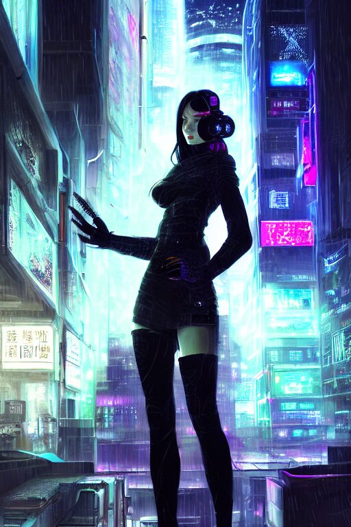 portrait futuristic superb cyberpunk young female Summoner, in futuristic stormy heavy snowy thunder flashing tokyo rooftop cyberpunk night, ssci-fi, fantasy, intricate, very very beautiful, elegant, neon light, highly detailed, digital painting, artstation, concept art, soft light, hdri, smooth, sharp focus, illustration, art by tian zi and craig mullins and WLOP and alphonse mucha