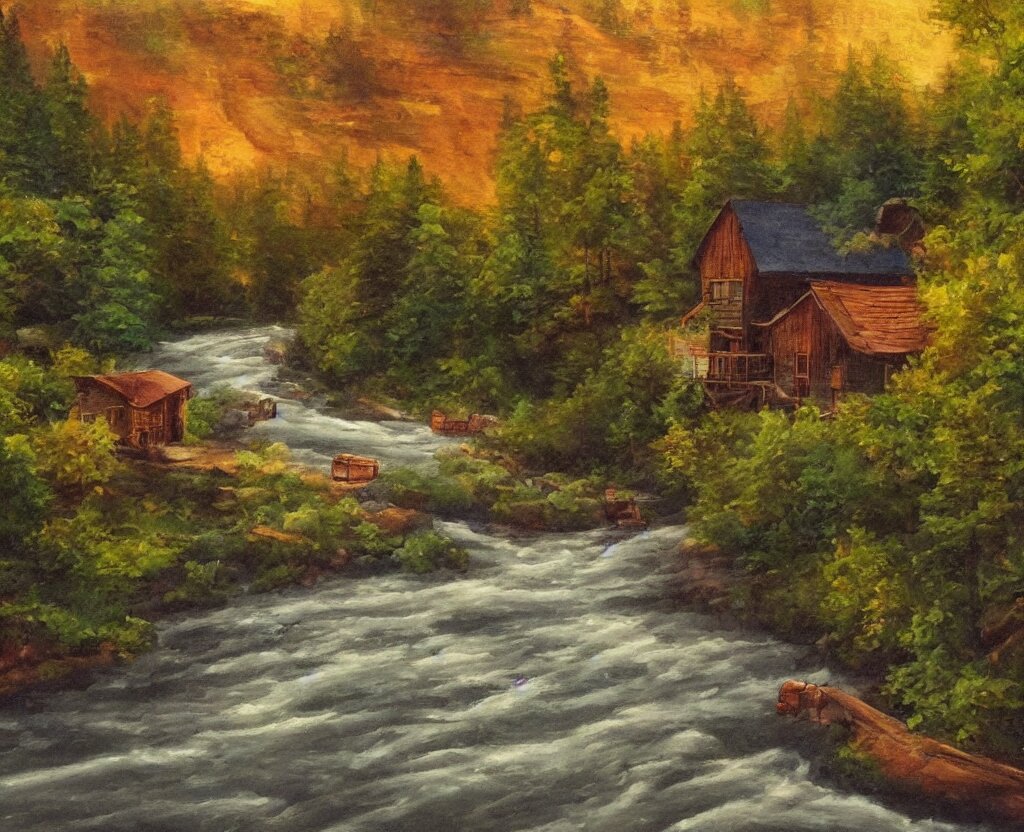 a river running past a cozy cabin in mountain side, night, heavy rain, colorful, classic painting, award winning, highly detailed 