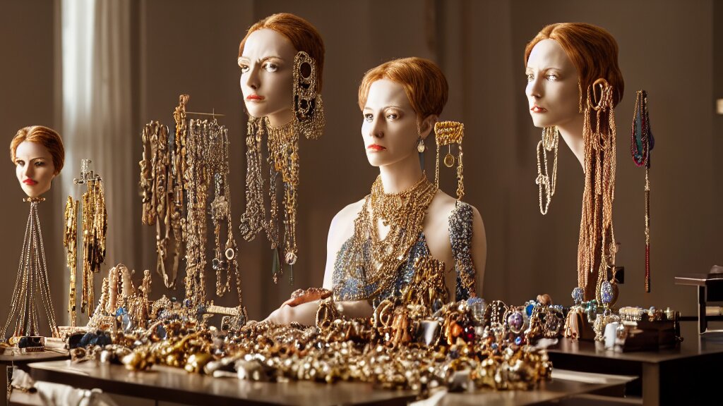 a woman made of jewelry stands in the living room, film still from the movie directed by Denis Villeneuve with art direction by Salvador Dalí, wide lens, 4K, realistic