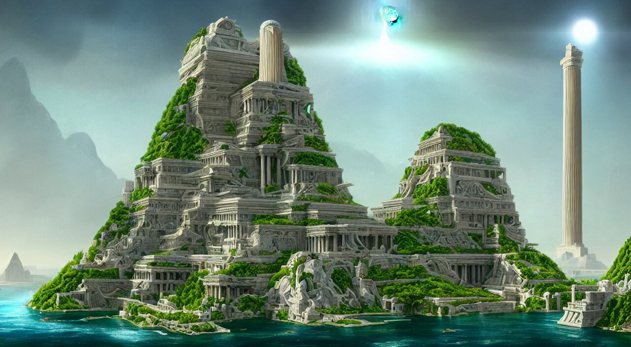 
a matte painting futurist of a green water city of Atlantis grec greeble temple olymp glory in sun shaft zeus sky tower statue pantheon ivy plant grow flower in white marble gold incrusted of legends adn red flag dynasty by Frank Lloyd Wright and Zaha Hadid torch volume light stylized illustration  digital airbrush painting, 3d rim light, hyperrealistic masterpiece, artstation, cgsociety, kodakchrome, golden ratio waterfall


